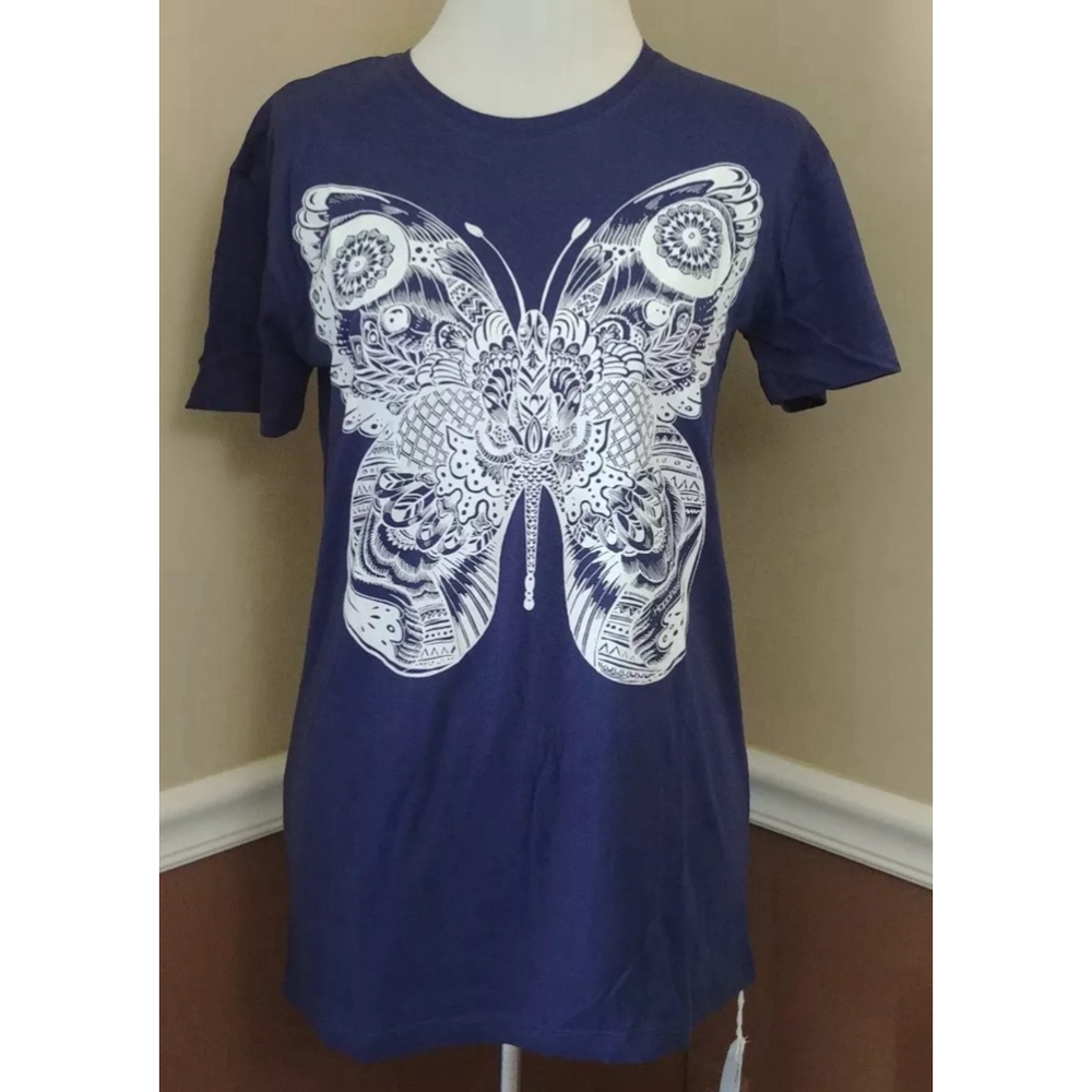 Blue with White Graphic Butterfly Moth T-shirt Tee from Modcloth by Happiness